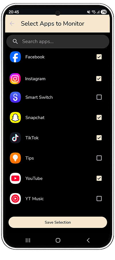 List of monitored apps